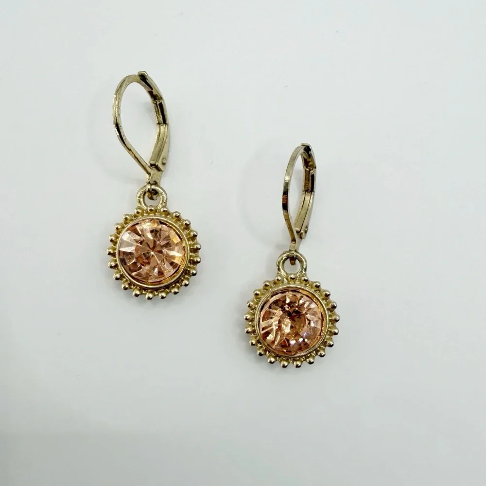 Vintage Style Crystal Drop Earrings | Peach Rose Leverback Gold Tone
